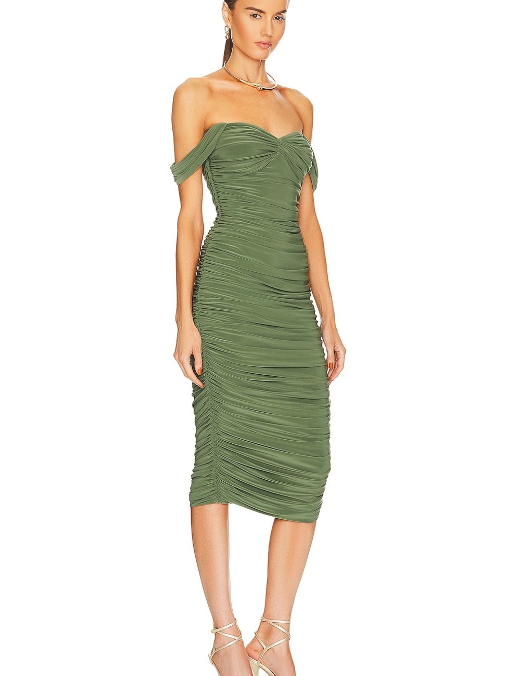Norma Kamali Walter Off-Shoulder Ruched Midi Dress Celadon Green Size S /36 NWOT